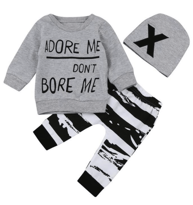 “ADORE ME, DON’T BORE ME” 3-PIECE BABY, TODDLER OUTFIT AND HAT