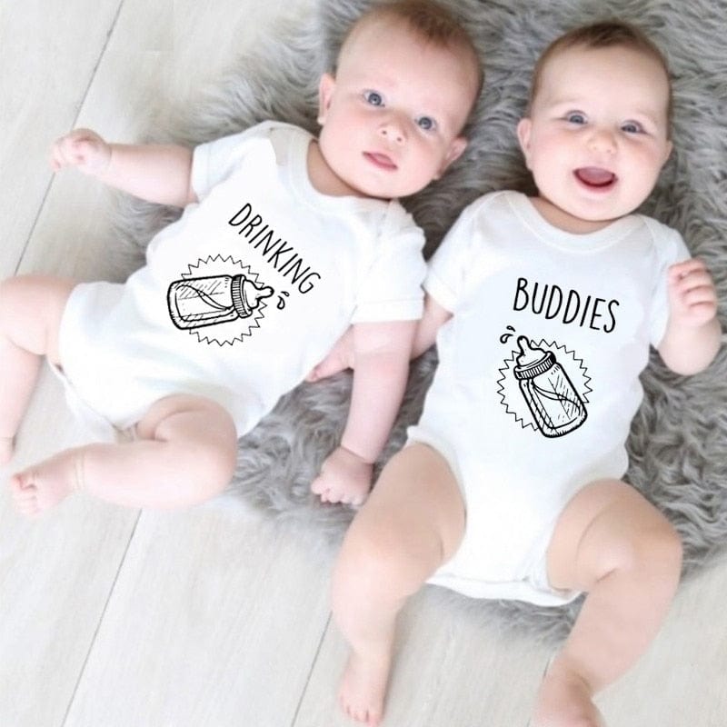 Twins Baby Girls Boys Drinking Buddy Rompers