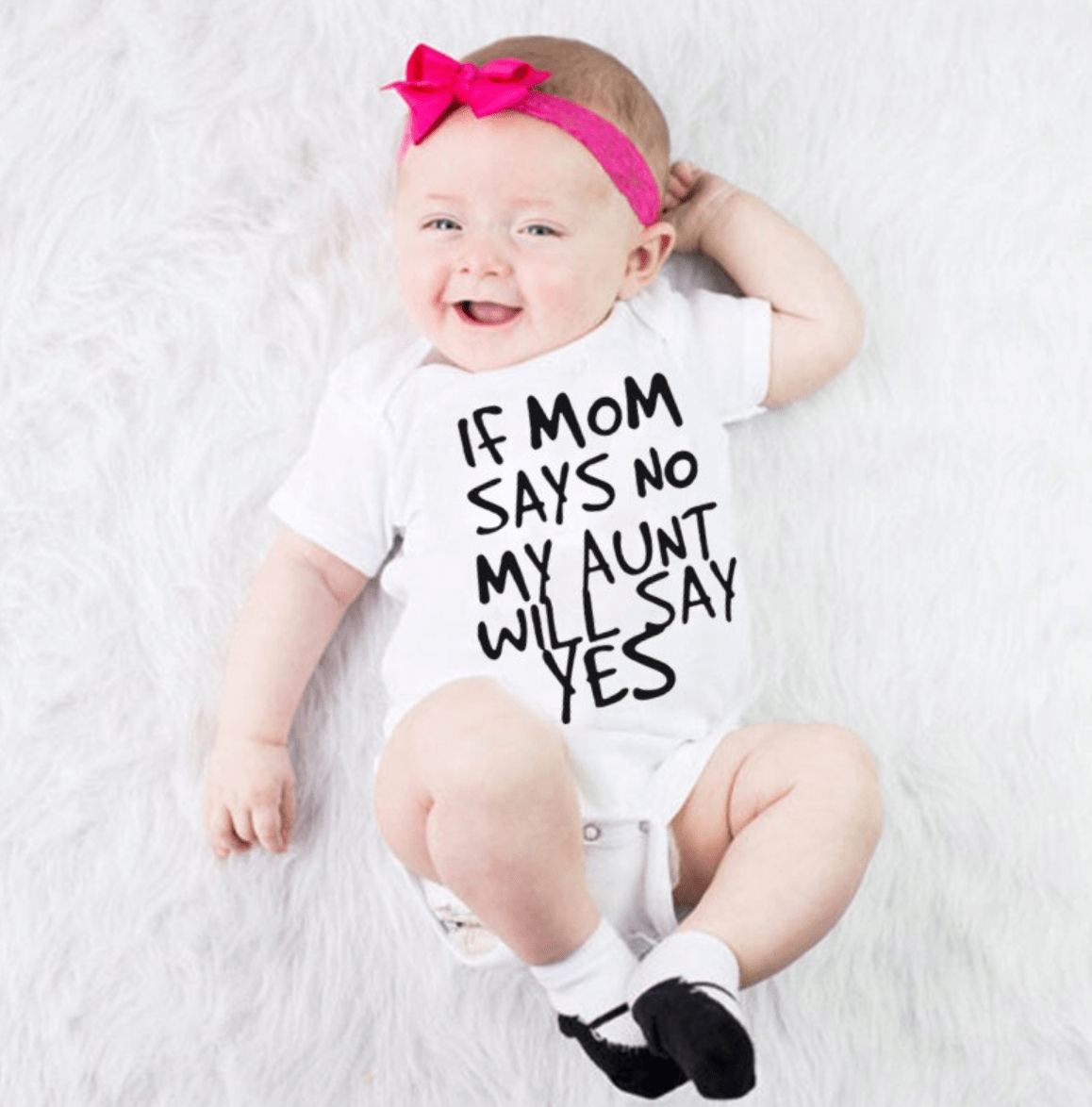 IF MOM SAYS NO MY AUNT WILL SAY YES Cotton Infant Baby Romper is as comfortable as it is cute.  Made with 100% cotton, it is soft, breathable, sweat-absorbent, and easy to wash.