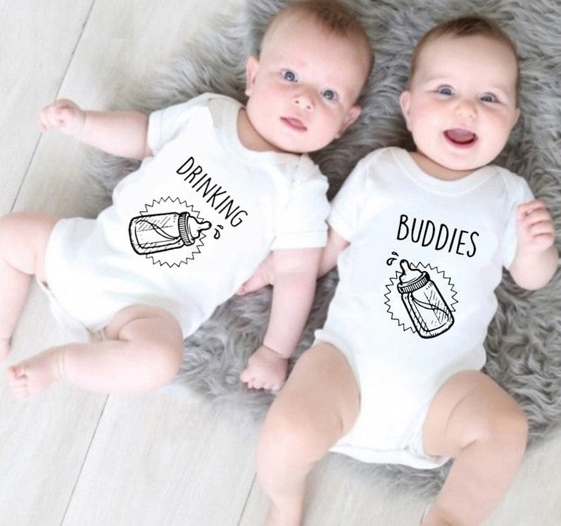 Twins Baby Girls Boys Drinking Buddy Rompers
